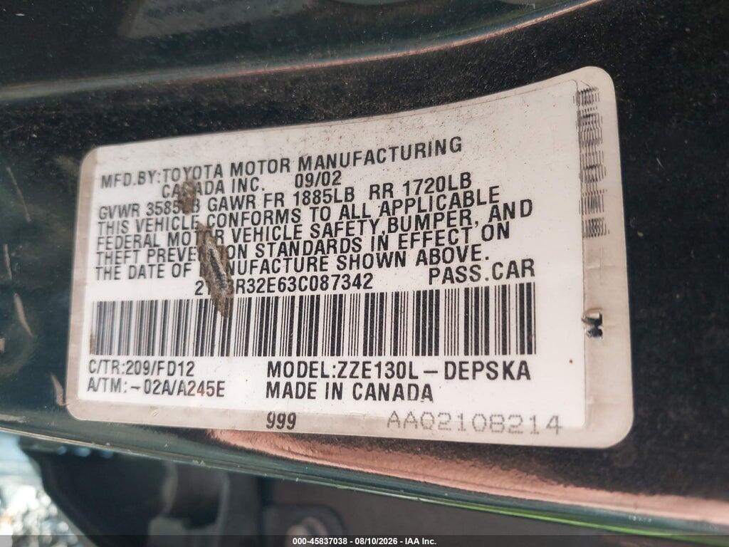 2T1BR32E63C087342 2003 TOYOTA COROLLA photo no. 9