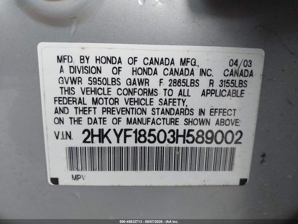 2HKYF18503H589002 2003 HONDA PILOT photo no. 9