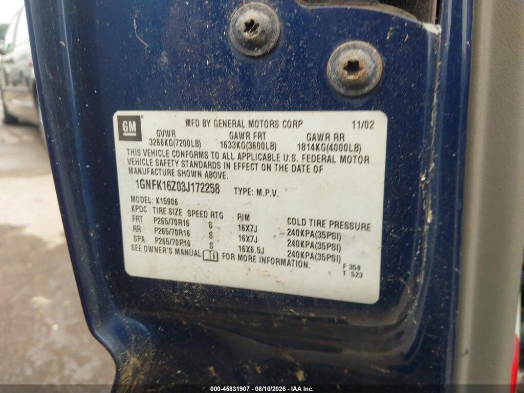 1GNFK16Z03J172258 2003 CHEVROLET SUBURBAN 1500 photo no. 9