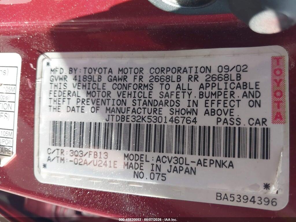 JTDBE32K530146764 2003 TOYOTA CAMRY photo no. 9