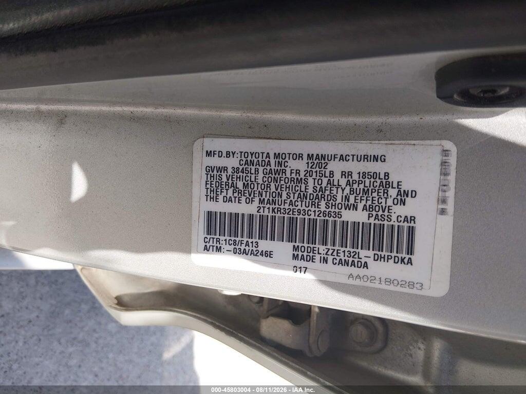 2T1KR32E93C126635 2003 TOYOTA MATRIX photo no. 9