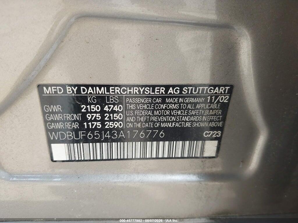 WDBUF65J43A166776 2003 MERCEDES-BENZ E 320 photo no. 9