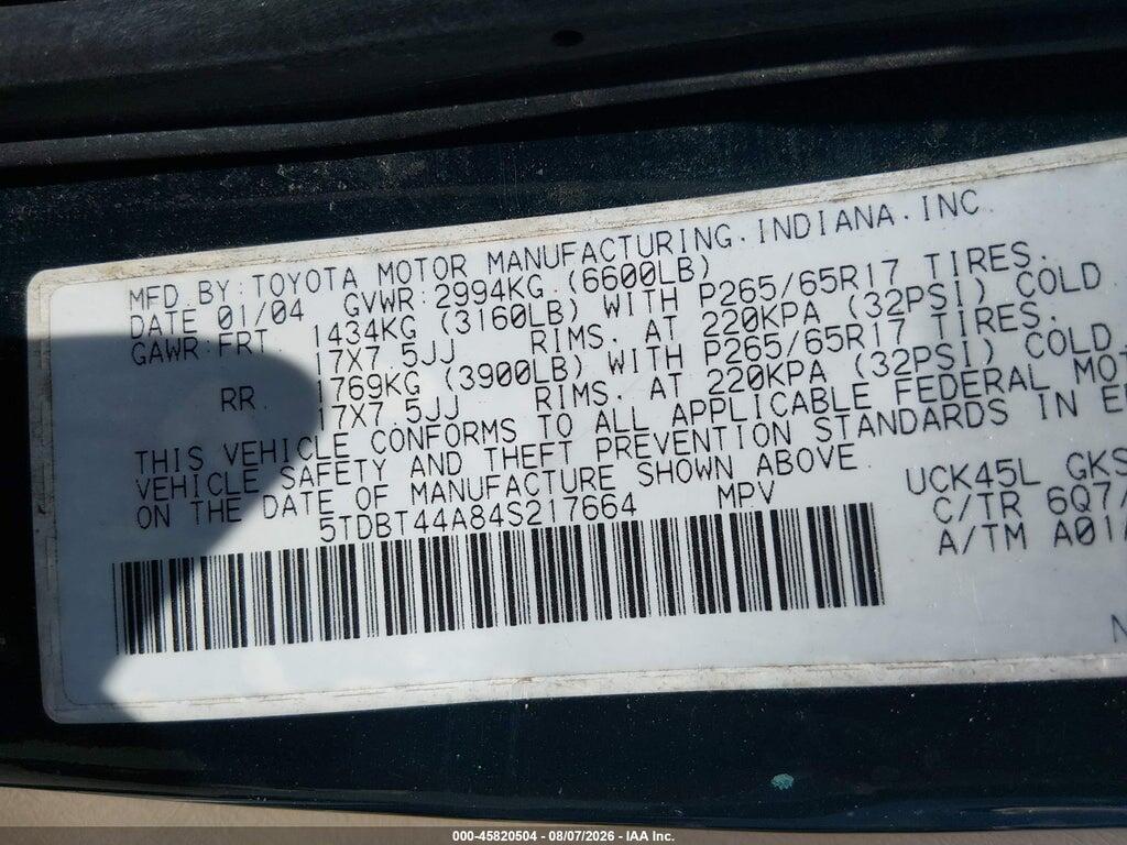 5TDBT44A84S217664 2004 TOYOTA SEQUOIA photo no. 9