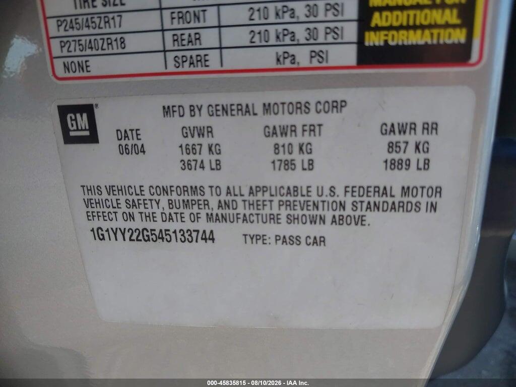 1G1YY22G545133744 2004 CHEVROLET CORVETTE photo no. 9