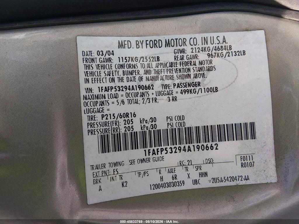 1FAFP53294A190662 2004 FORD TAURUS photo no. 9