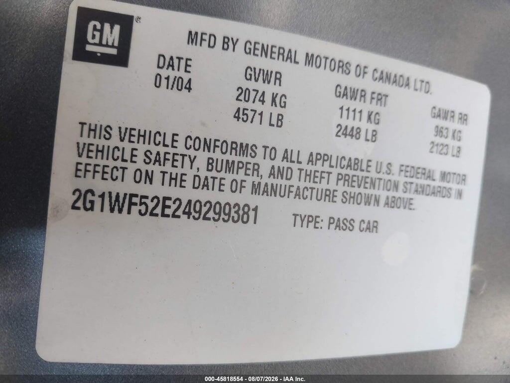 2G1WF52E249299381 2004 CHEVROLET IMPALA photo no. 9