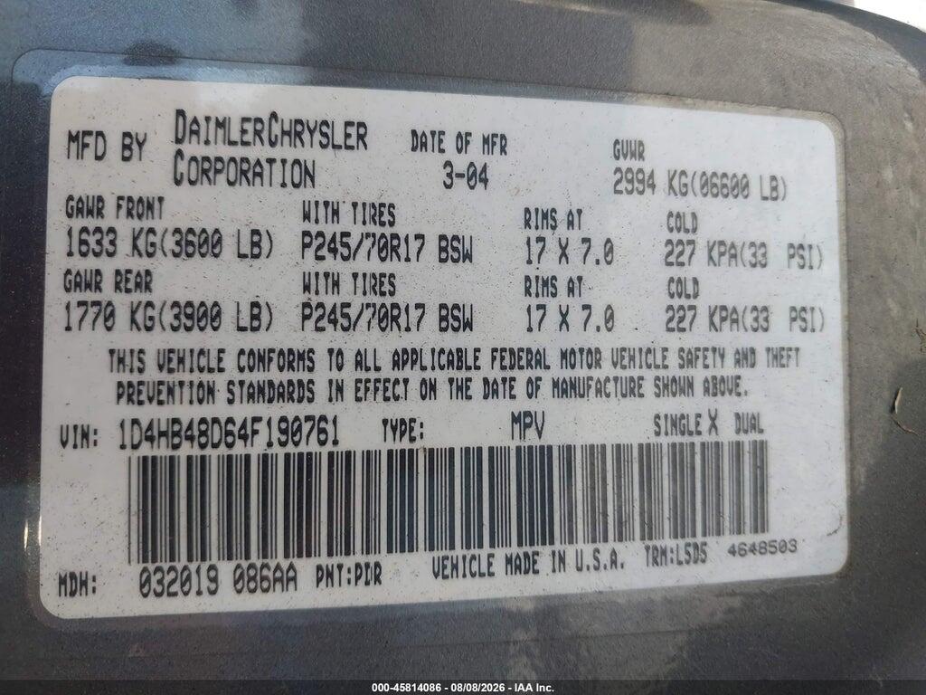 1D4HB48D64F190761 2004 DODGE DURANGO photo no. 9