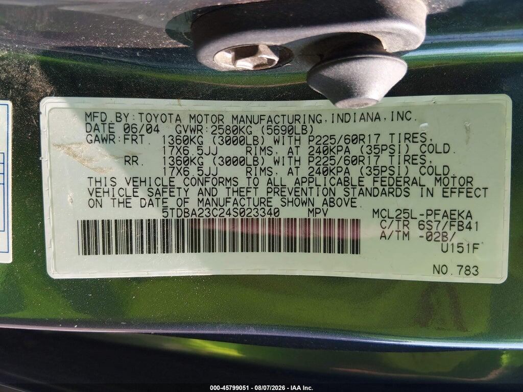 5TDBA23C24S023340 2004 TOYOTA SIENNA photo no. 9