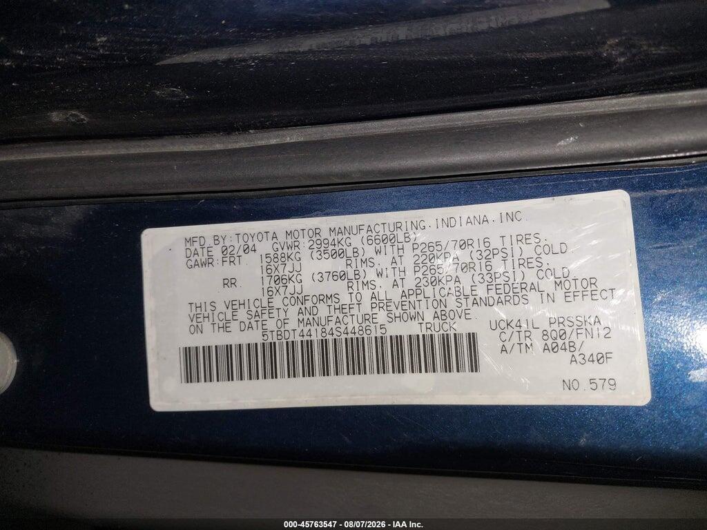 5TBDT44184S448615 2004 TOYOTA TUNDRA photo no. 9