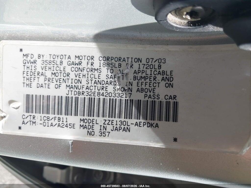 JTDBR32E842033217 2004 TOYOTA COROLLA photo no. 9