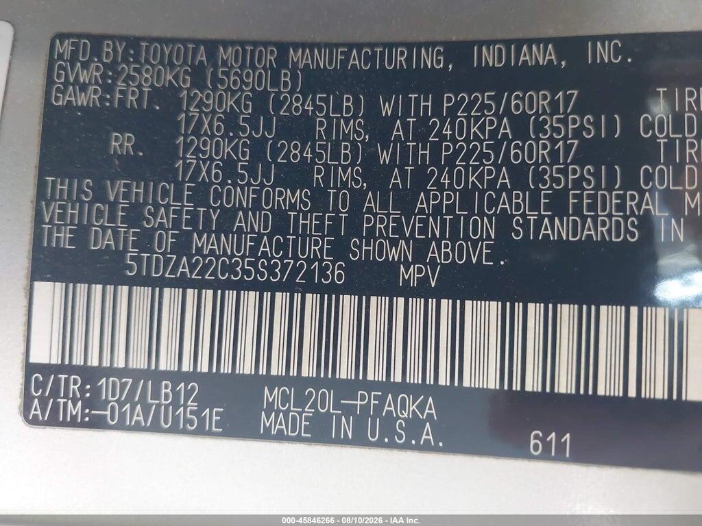 5TDZA22C35S372136 2005 TOYOTA SIENNA photo no. 9