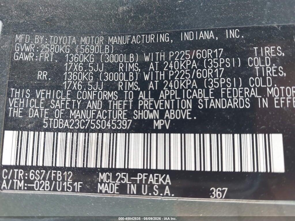 5TDBA23C75S045397 2005 TOYOTA SIENNA photo no. 9