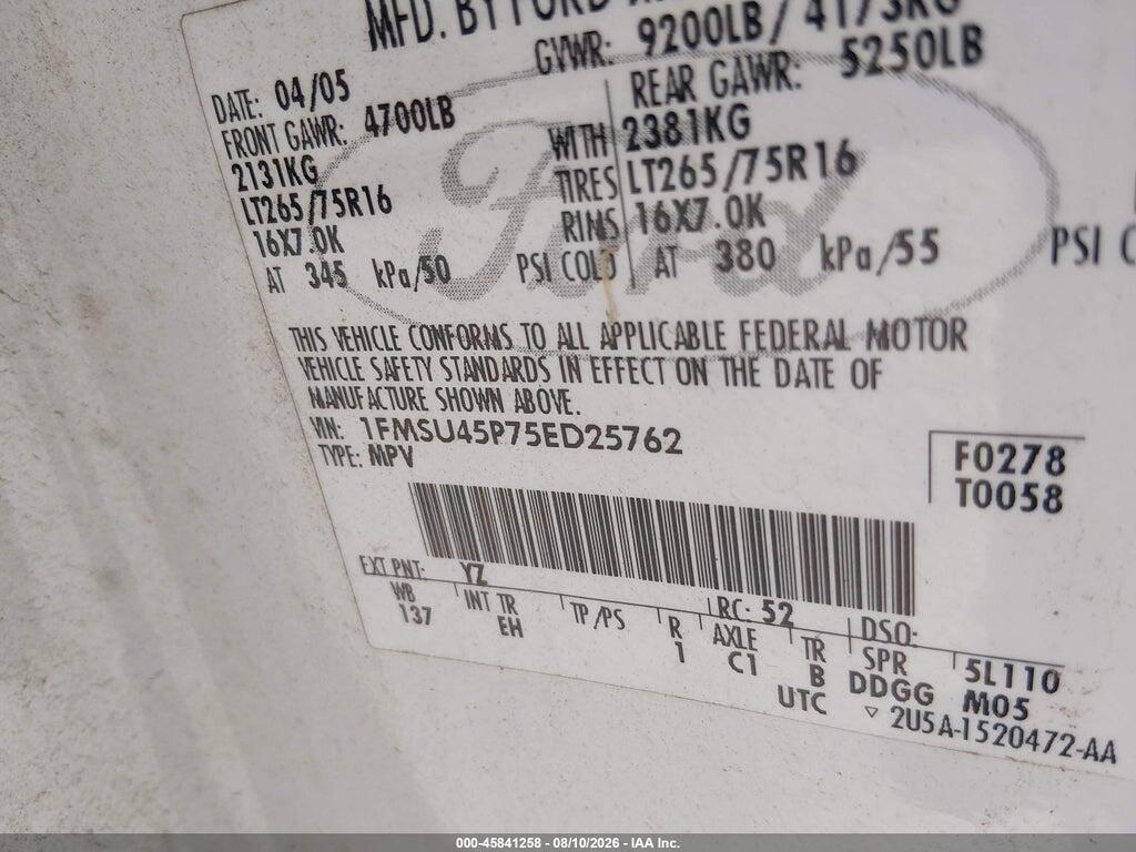 1FMSU45P75ED25762 2005 FORD EXCURSION photo no. 9