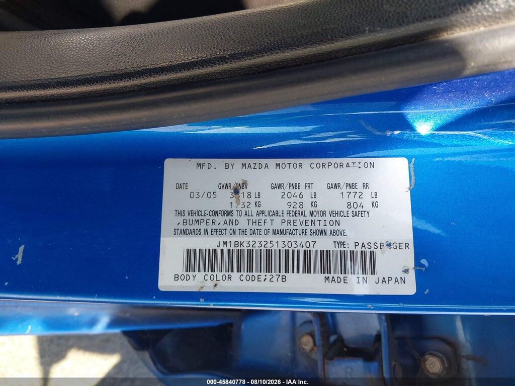 JM1BK323251303407 2005 MAZDA MAZDA3 photo no. 9
