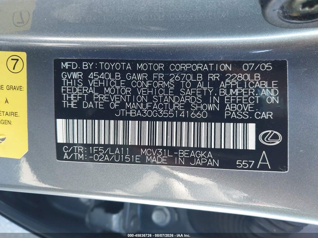 JTHBA30G355141660 2005 LEXUS ES 330 photo no. 9