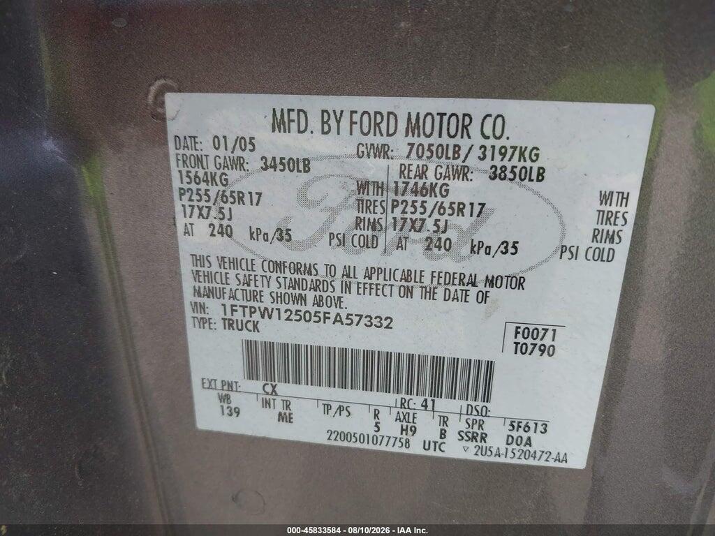 1FTPW12505FA57332 2005 FORD F-150 photo no. 9