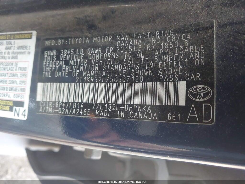 2T1KR32E75C367130 2005 TOYOTA MATRIX photo no. 9