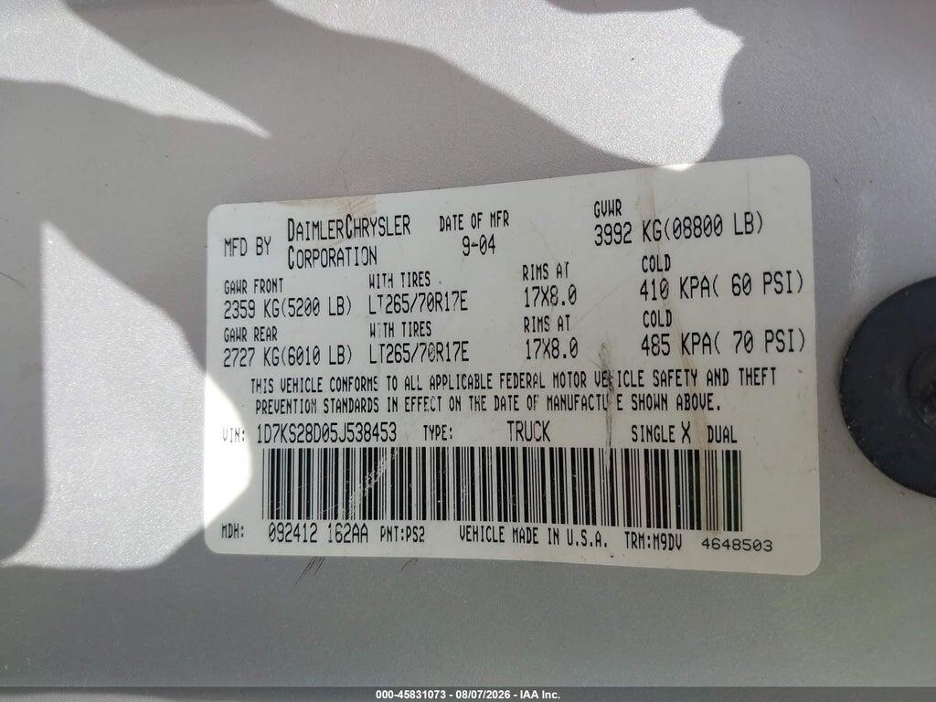 1D7KS28D05J538453 2005 DODGE RAM 2500 photo no. 9
