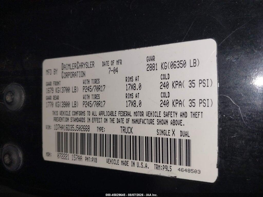 1D7HA16D35J502668 2005 DODGE RAM 1500 photo no. 9