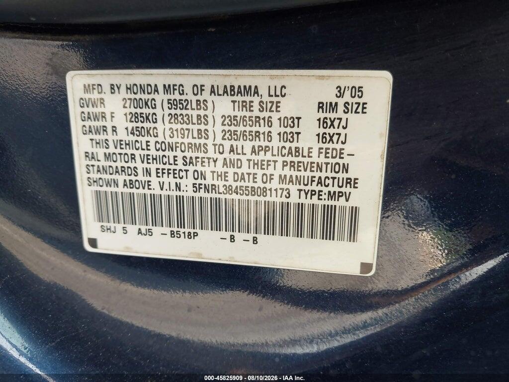 5FNRL38455B081173 2005 HONDA ODYSSEY photo no. 9