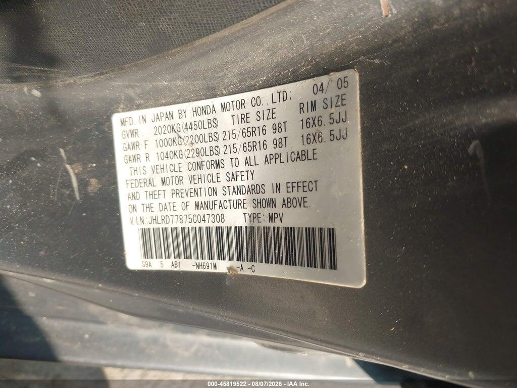 JHLRD77875C047308 2005 HONDA CR-V photo no. 9