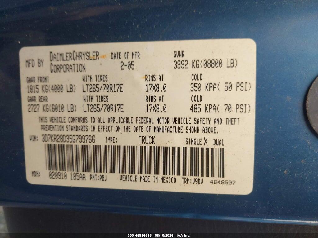 3D7KR28D35G799766 2005 DODGE RAM 2500 photo no. 9