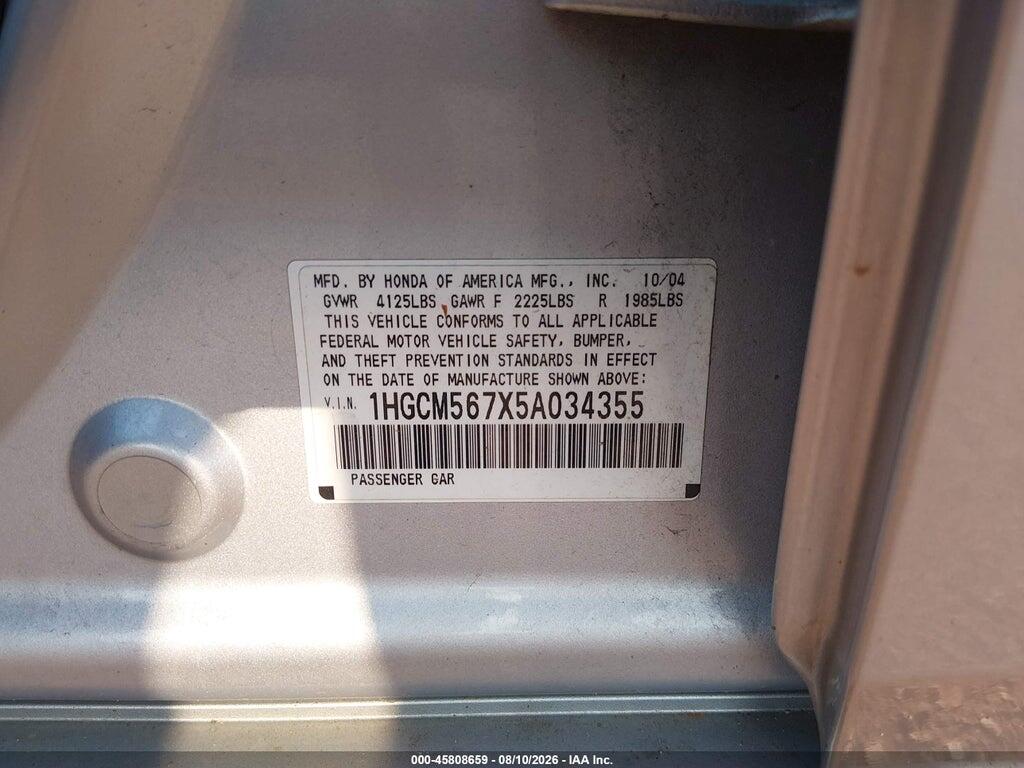 1HGCM567X5A034355 2005 HONDA ACCORD photo no. 9