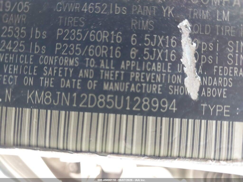 KM8JN12D85U128994 2005 HYUNDAI TUCSON photo no. 9