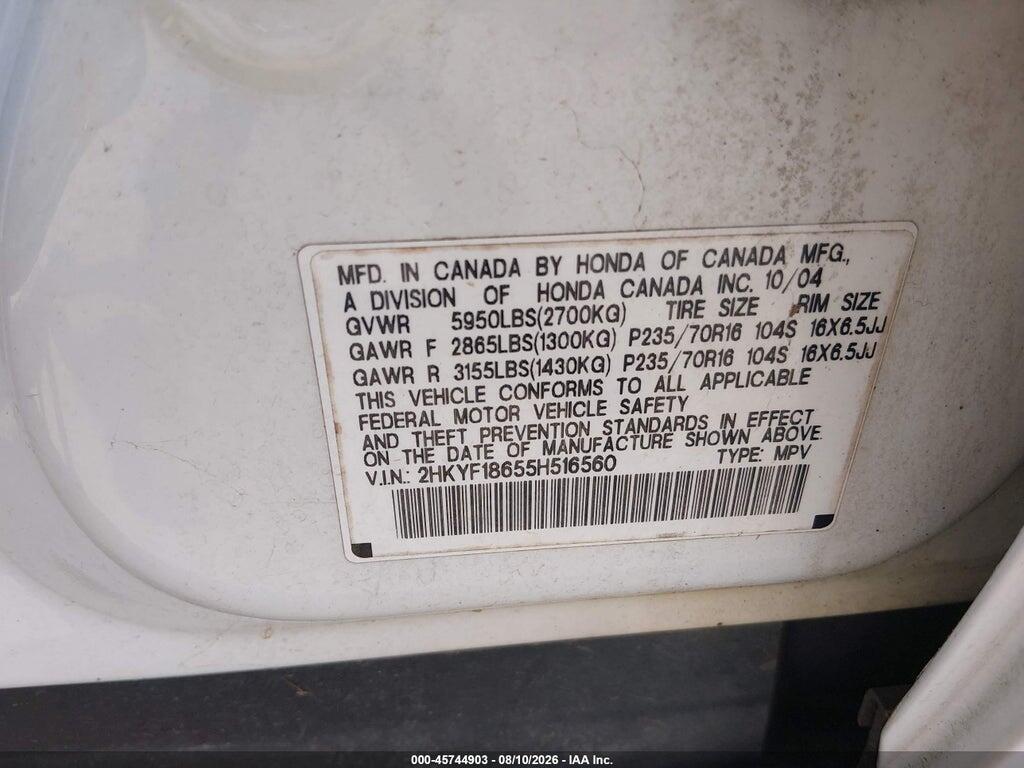 2HKYF18655H516560 2005 HONDA PILOT photo no. 9