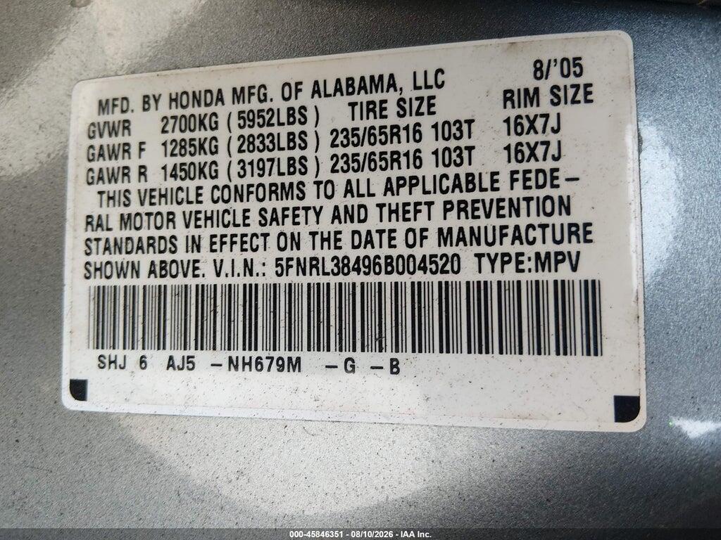 5FNRL38496B004520 2006 HONDA ODYSSEY photo no. 9
