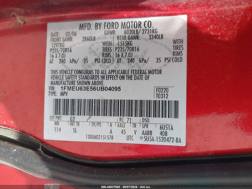 1FMEU63E56UB04095 2006 FORD EXPLORER photo no. 9