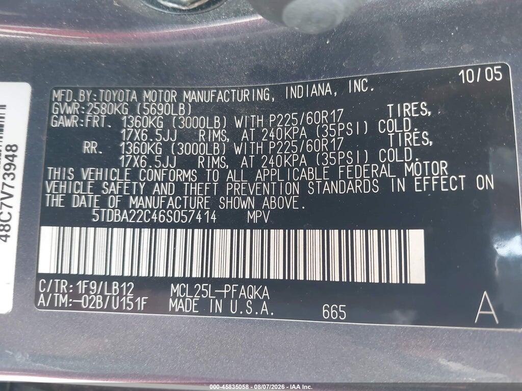 5TDBA22C46S057414 2006 TOYOTA SIENNA photo no. 9