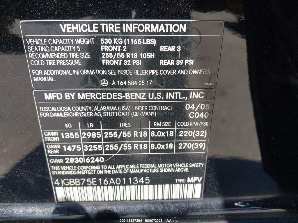 4JGBB75E16A011345 2006 MERCEDES-BENZ ML 500 photo no. 9