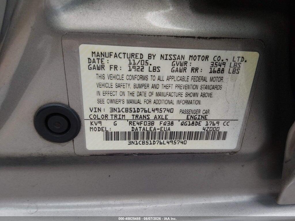3N1CB51D76L495740 2006 NISSAN SENTRA photo no. 9