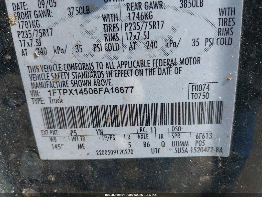 1FTPX14506FA16677 2006 FORD F-150 photo no. 9