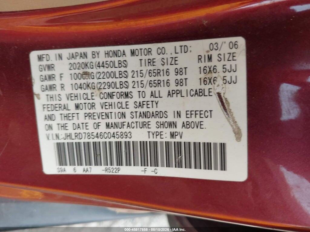 JHLRD78546C045893 2006 HONDA CR-V photo no. 9