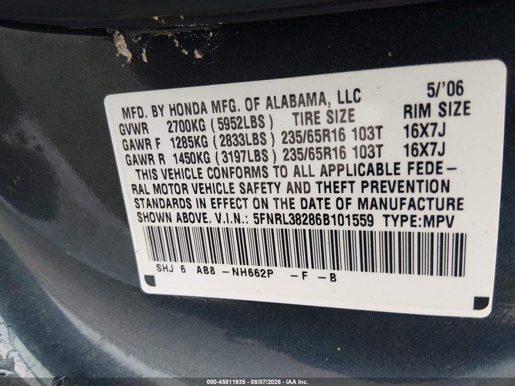 5FNRL38286B101559 2006 HONDA ODYSSEY photo no. 9