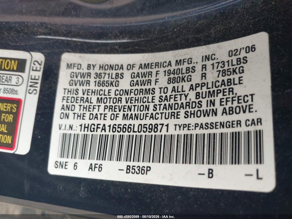 1HGFA16566L059871 2006 HONDA CIVIC photo no. 9