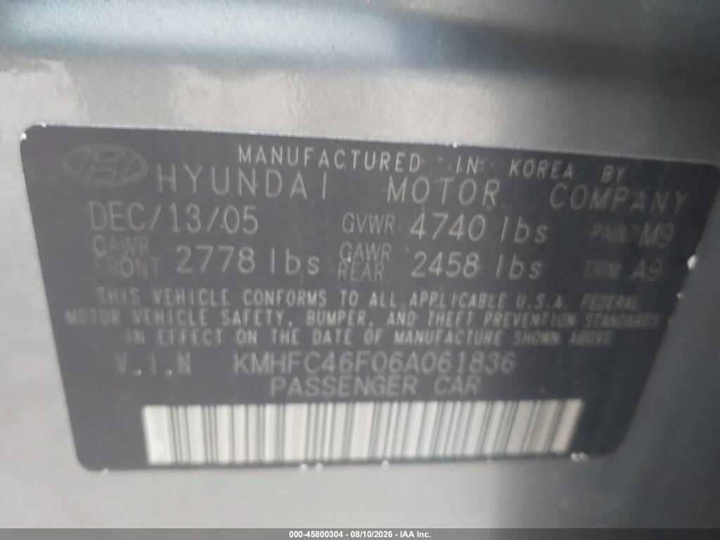 KMHFC46F06A061836 2006 HYUNDAI AZERA photo no. 9
