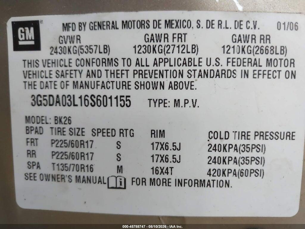 3G5DA03L16S601155 2006 BUICK RENDEZVOUS photo no. 9