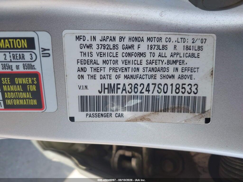 JHMFA36247S018533 2007 HONDA CIVIC HYBRID photo no. 9