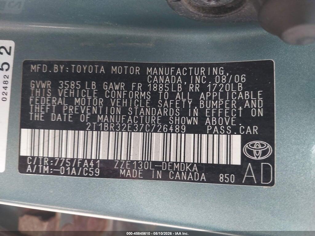 2T1BR32E37C726489 2007 TOYOTA COROLLA photo no. 9