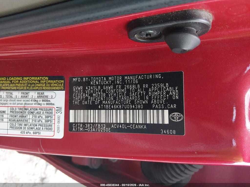 4T1BE46K87U094380 2007 TOYOTA CAMRY photo no. 9