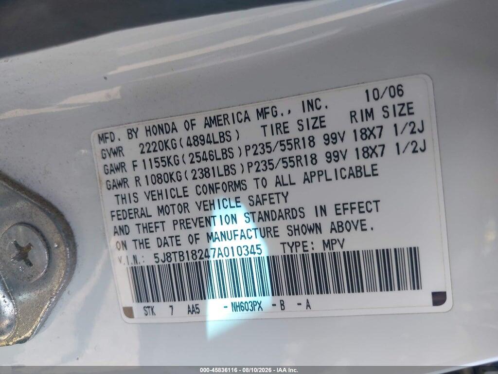 5J8TB18247A010345 2007 ACURA RDX photo no. 9