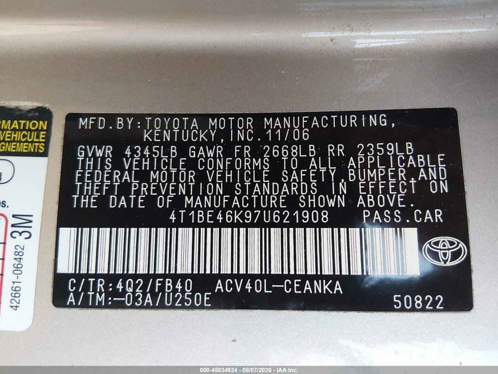 4T1BE46K97U621908 2007 TOYOTA CAMRY photo no. 9