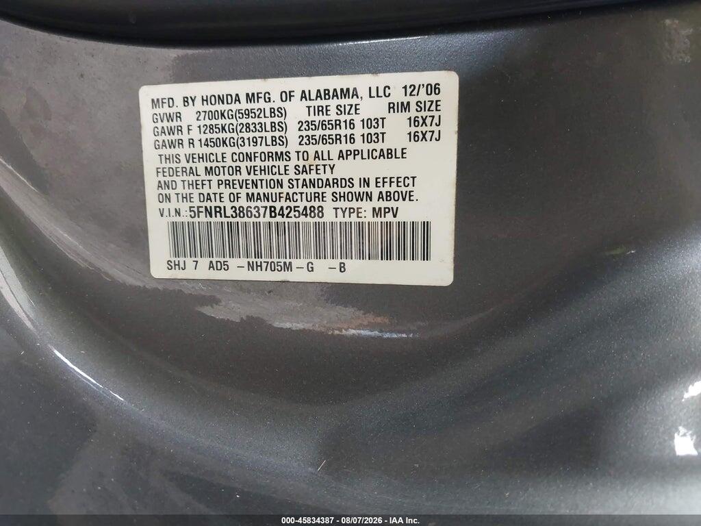 5FNRL38637B425488 2007 HONDA ODYSSEY photo no. 9