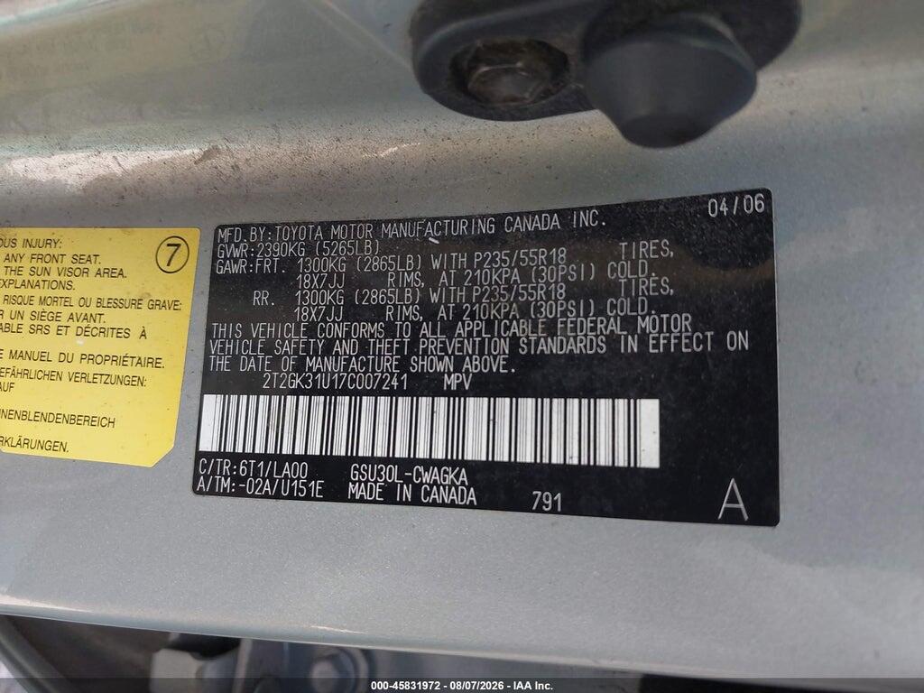 2T2GK31U17C007241 2007 LEXUS RX 350 photo no. 9