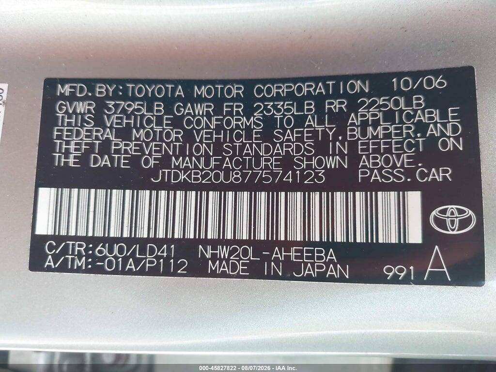 JTDKB20U877574123 2007 TOYOTA PRIUS photo no. 9