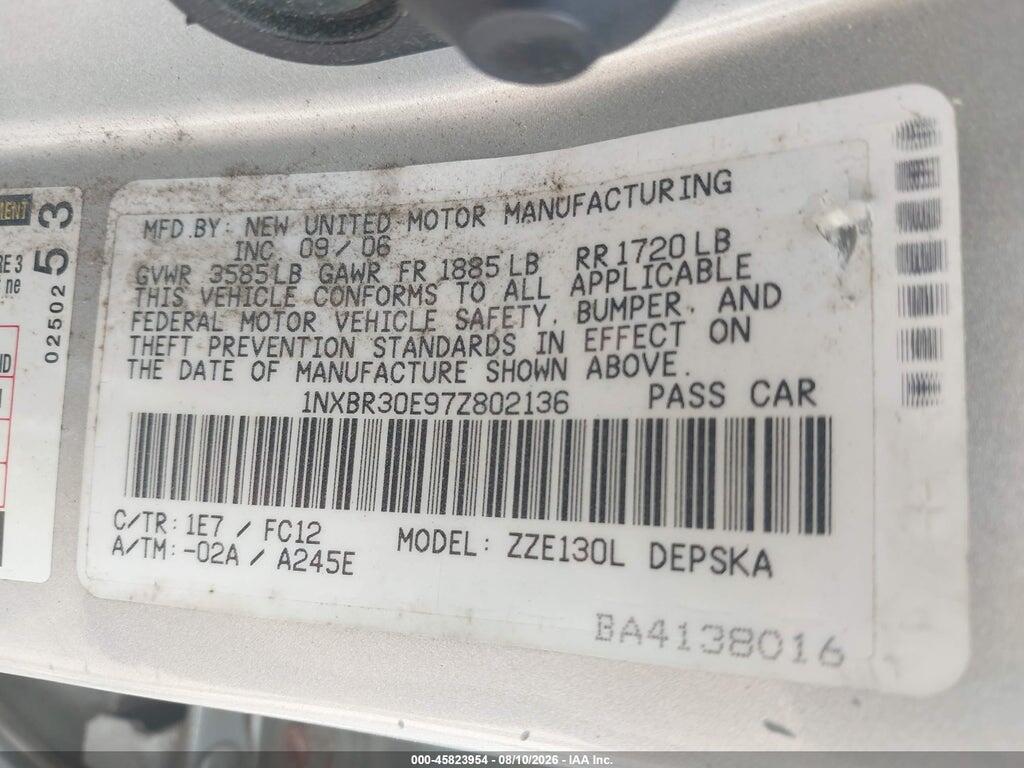 1NXBR30E97Z802136 2007 TOYOTA COROLLA photo no. 9