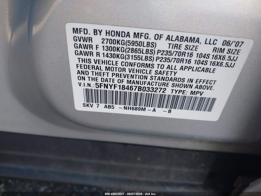 5FNYF18467B033272 2007 HONDA PILOT photo no. 9